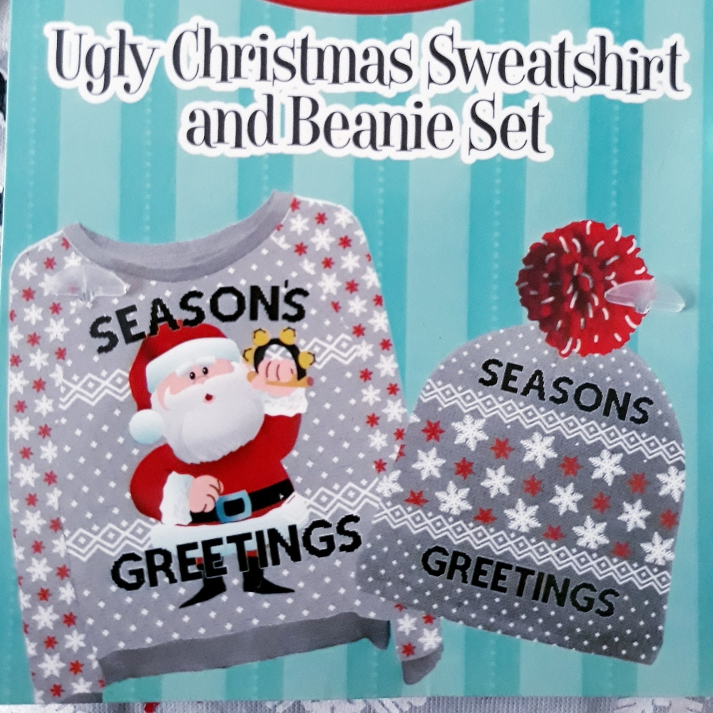 Snowflake Santa Ugly Christmas Sweatshirt + Beanie Set - Junior's Medium Gift